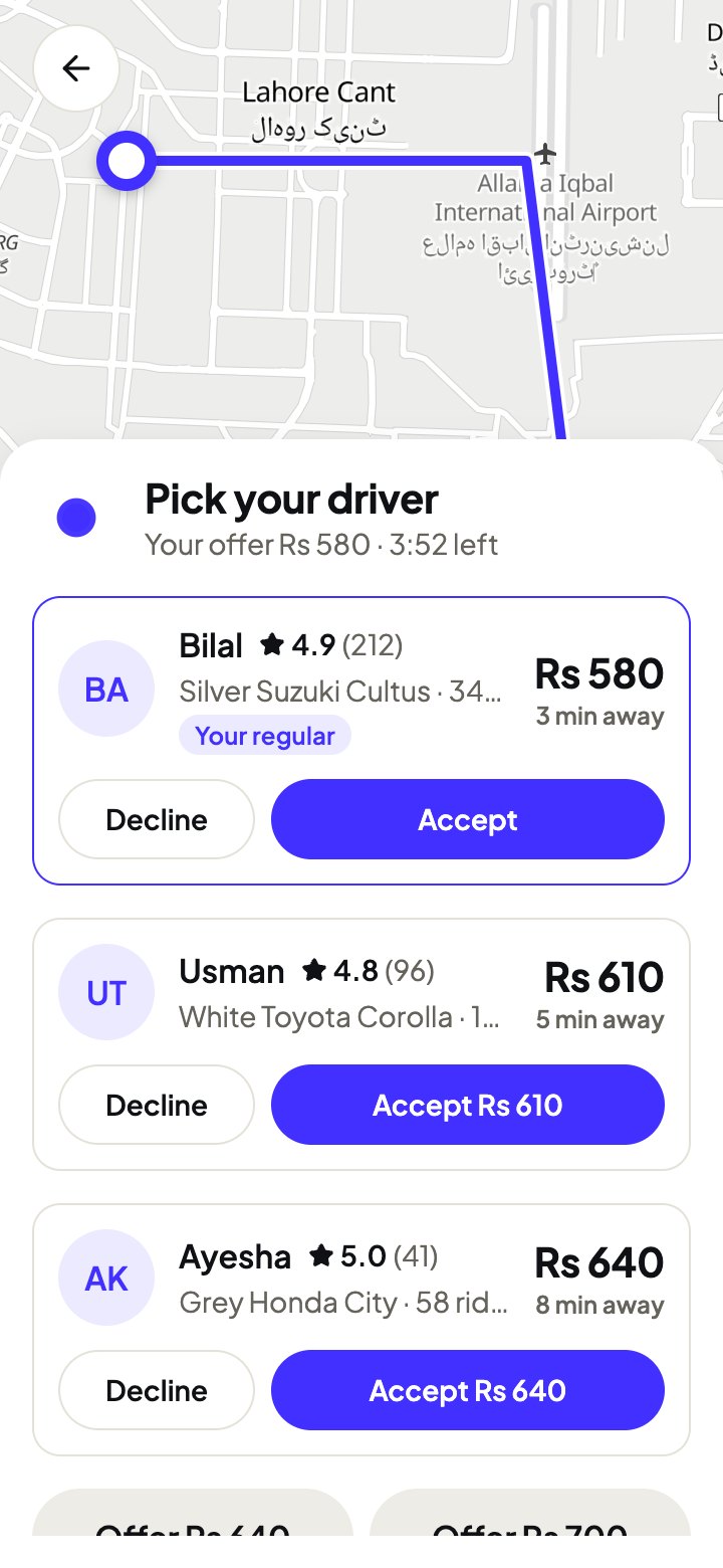 Three drivers offering on a ride, with ratings and arrival times